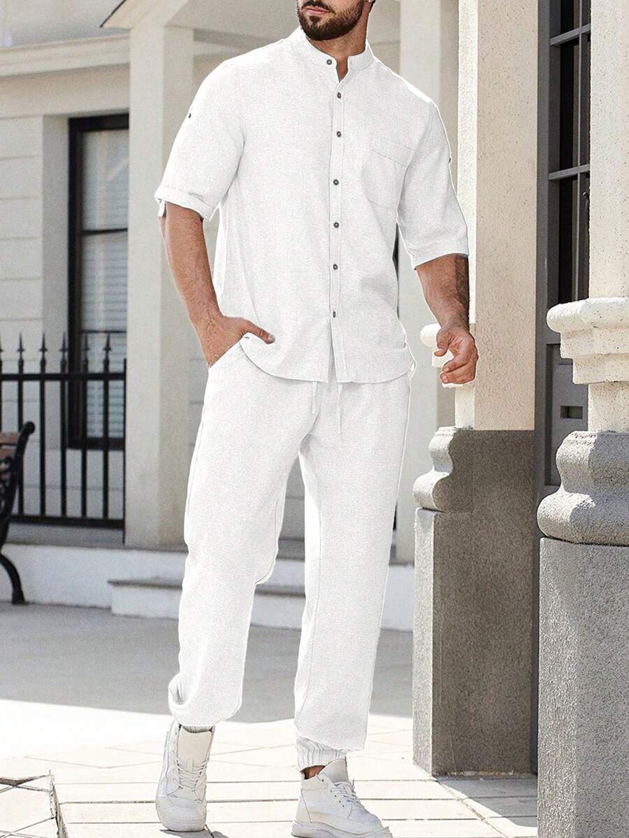 Manfinity Homme 男士宽松纯色卷袖衬衫套装亚麻男士服装亚麻男士服装2件套亚麻白色男士服装套装男士衬衫套装