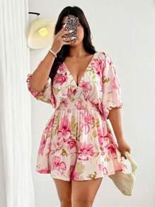 Flirla Fashionable Casual Elegant Vacation Style Spring/Autumn New Sexy V-Neck Pink Rose Floral Belted Wide-Leg Jumpsuit With Lantern Sleeves For Women - Pink - View 8