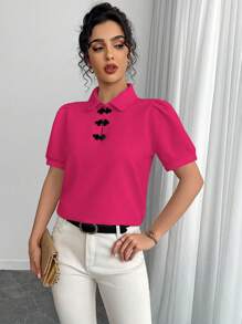 SHEIN Unity 复古中国风纽扣装饰短袖衬衫 - 玫紅色 - 查看 7