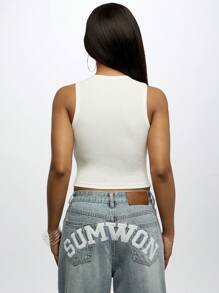 SUMWON WOMEN Top deportivo sin mangas con estampado de número de university, top corto acanalado de 2 piezas para entrenamiento, gimnasio y fitness de verano - Blanco - Ver 2