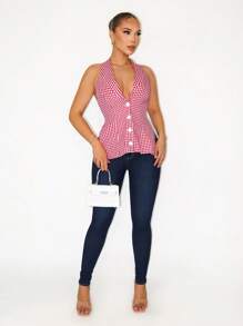 Zolique Women's 2025 Red And White Plaid Deep V-Cut Backless Suit Vest,Summer Seksi Chic Vacation Suit Vest For Parties,Cocktail & Business Meetings - Multicolor - View 4