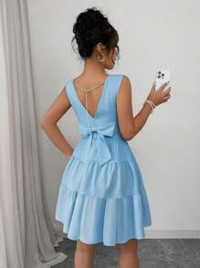 Elenzga 1 件女士纯色细肩带连衣裙，夏季时尚 - 藍色 - 查看 5