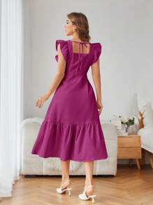 Aveloria Rosie Vestido de vacaciones para mujer de color liso con escote cuadrado, volantes en los brazos y en el bajo