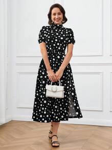 SHEIN LUNE Women's Summer Elegant Polka Dot Print Mid-Length Dress, Graceful Ladies Dress - Black and White - View 3