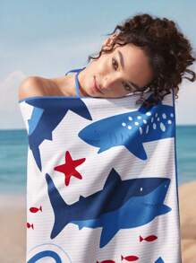 Shark Week X SHEIN 可爱鲨鱼图案浴巾沙滩巾超大尺寸吸水干爽浴室装饰夏季使用