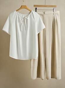 SHEIN LUNE Plus Size Round Drawstring Short Sleeve Top And Pants Set - Multicolor - View 1