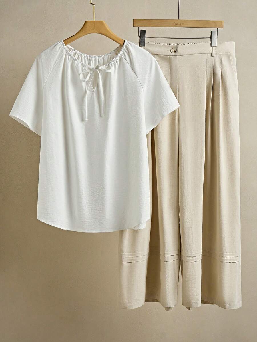 SHEIN LUNE Plus Size Round Drawstring Short Sleeve Top And Pants Set - Multicolor - View 1