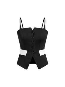 Ellevyn Women's Elegant Commuter Adjustable Strap Fitted A-Line Hem Slit Colorblock Camisole Tank TopSummer Mother's Day Graduation Church Brunch