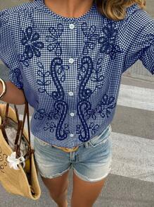 SHEIN LUNE Women's Plaid Embroidered Ruched Blouse - Navy Blue - View 4