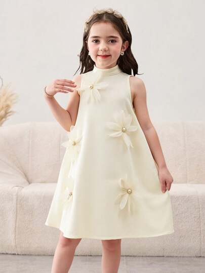 SHEIN Vestido sin mangas para niña con cuello alto y 3D flores tejidas de unicolor