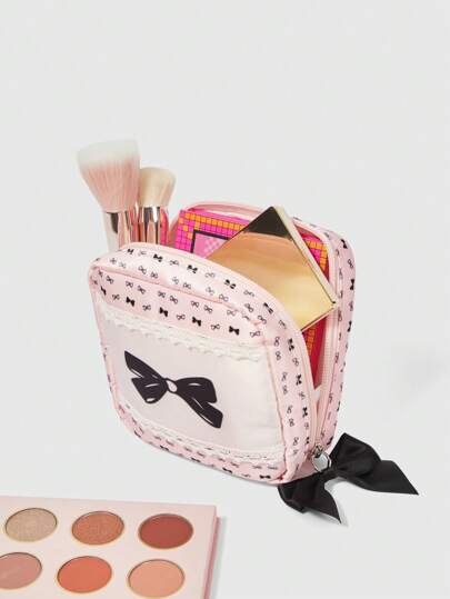 Kawaii Bolsa de cosméticos portátil y con gran capacidad, decorada con moño rosa lindo y femenino, pequeña bolsa cuadrada 497276