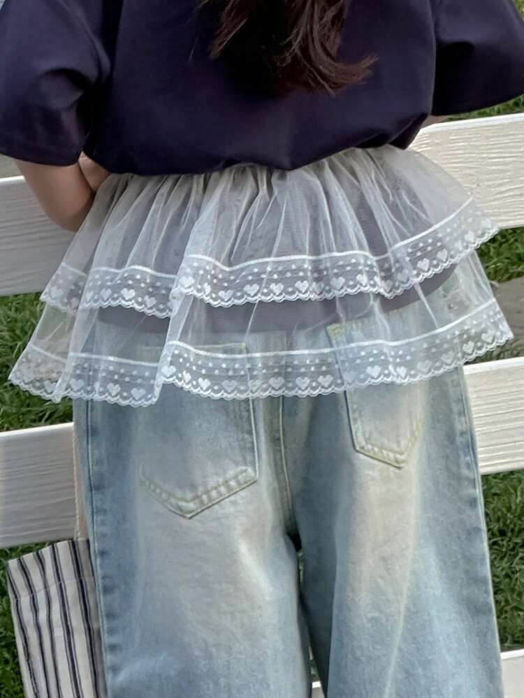 Girls Kid's Spring/Autumn Lace Layered Skirt Slip Shorts