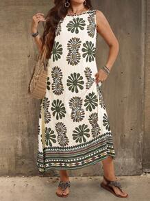EMERY ROSE Abito da donna con stampa floreale, senza maniche, a collo tondo, per vacanze in campagna, taglie comode