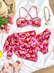 SHEIN Teen Girls Tropical Watercolor Tie Dye Floral Print Cutout Front Design Cropped Cute Spaghetti Strap Camisole Top, Ideal For Valentine's Day, Graduation, Wedding, Summer Beach, Vacation, Swimwear Set/Beach Outfit - Multicolor - View 2