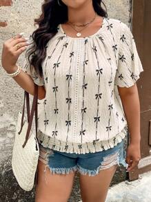 SHEIN LUNE Plus-Size Women'S Summer Mothers Day Bow Printed Crew Neck Short-Sleeved Blouse - Apricot - View 5