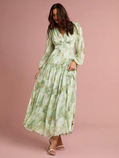 Enchnt Spring/Summer Romantic Women's Green V-Neck Lantern Sleeve Dye Print Elegant Maxi Dress, Sweet&Elegant&Modest Dress For Birthday&Holiday Party&Sweet Date&Vacation&Graduation Season, Summer Outfits For Women, Wedding Guest Dress Women, Easter Outfit Women Summer Dresses For Women