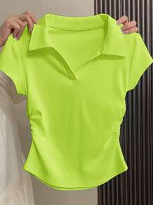 SHEIN PETITE 女士纯色短袖简约时尚T恤，适合夏季 - 綠色 - View 1