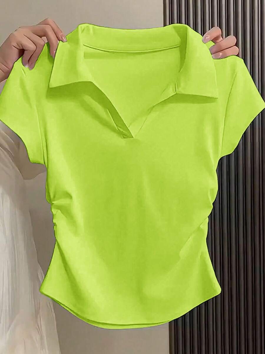 SHEIN PETITE 女士纯色短袖简约时尚T恤,适合夏季 - 綠色 - View 1