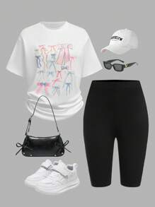 SHEIN 2pcs Youth Girl Set: Butterfly Print Loose Drop Shoulder T-Shirt & Black Cycling Shorts, Sweet & Casual Style - Black and White - View 1