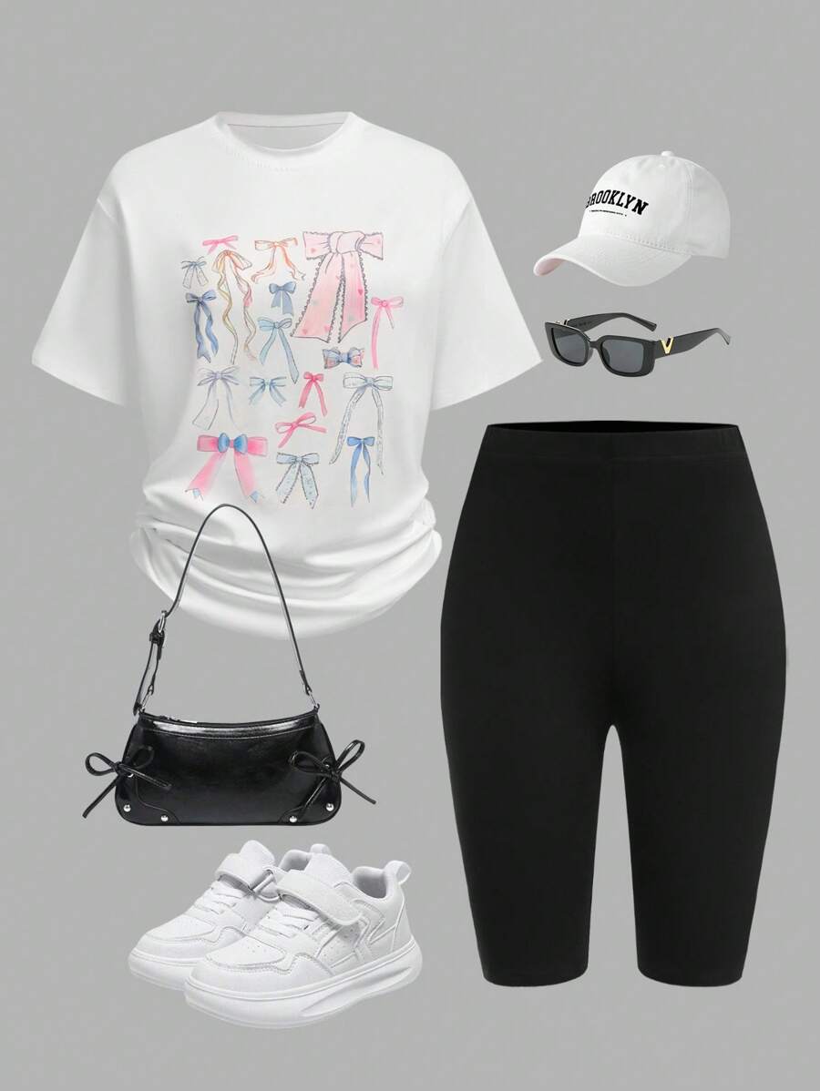 SHEIN 2pcs Youth Girl Set: Butterfly Print Loose Drop Shoulder T-Shirt & Black Cycling Shorts, Sweet & Casual Style - Black and White - View 1