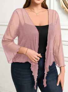 SHEIN Clasi Hollow Lace-Up Ruffles Hem Cropped Cardigan With Puff Sleeves, Festival Costume Plus Size Tops For Women