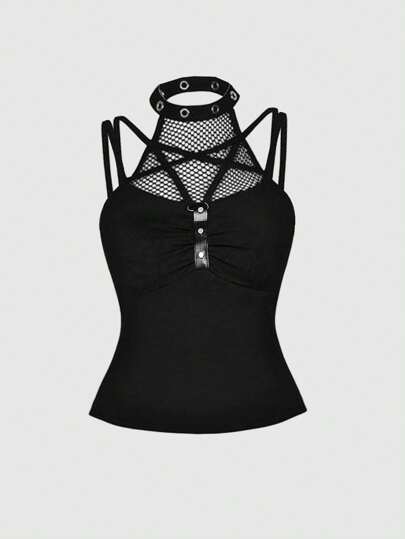 Goth Top donna alla moda in stile punk, con scollo a canotta, in patchwork e rete