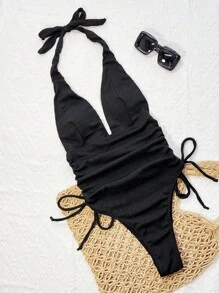 Swim SXY Women's Summer Beach Wear Outfits, French Texture Fabric Strappy Tie-Front Side Ruched Monokini Swimsuits - Black - View 4