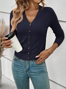 SHEIN Frenchy 女士纯色长袖单排扣开衫，酒红色，秋冬针织毛衣