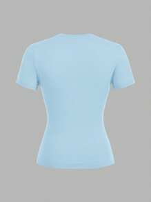SHEIN EZwear 3 件套女士休闲紧身长袖圆领 T 恤套装（黑色、浅蓝色和白色），适合夏季 - 彩色 - 查看 4