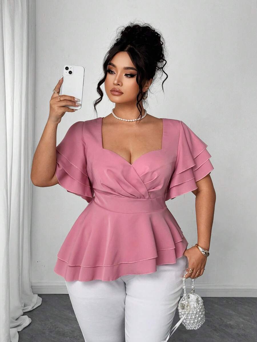 Elenzga Große Größen A-Linien Wickelshirt mit Puffärmeln