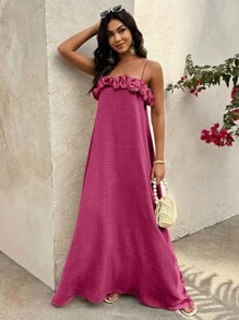 Flora Isola Flora Isola Vestido de tirantes largos con corte evasé y decoración de flores 3D para mujer - Rosa Roja - Ver 7