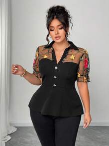 Elenzga Woven Mesh Embroidery Panel Blouse Woman S Summer Clothes Women Summer Sets Women S Clothes Women Summer Clothing Work Summer Shirt Women Plus Clothing Business Casual Women Plus Clothing Formal - Black - View 5