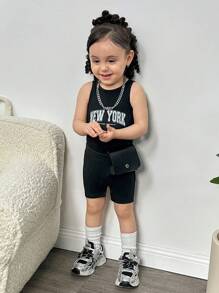 Babygirl Cute Summer Knit Casual Letter Graphic Black Romper - Black - View 3