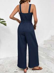 SHEIN Frenchy Women's Fashionable Sleeveless Jumpsuit, Suitable For Summer Casual Blue