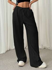 SHEIN EZwear Pantalones casuales de pierna recta con cordón, de textura arrugada y corte holgado para mujer