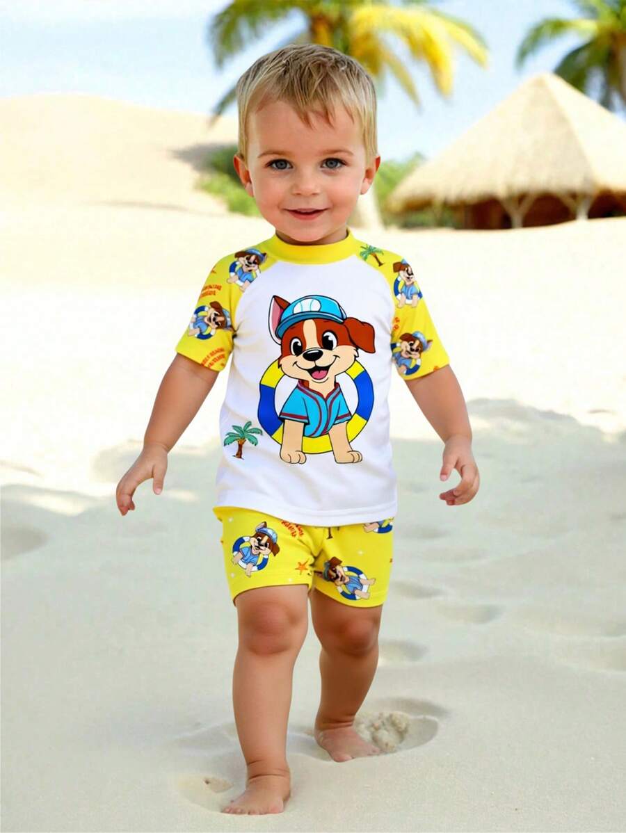SHEIN Baby Jungen süßer Hund Muster lässiges schlankes Rundhals Kurzarm Top und Shorts Badeanzug Set, geeignet für den Sommer - Verschiedenfarbig - Übersicht 1