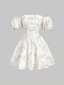 SHEIN MOD Vestido camiseta corto con hombros descubiertos y estampado floral, vestido de cóctel para fiesta y baile de graduación