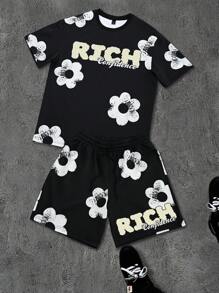 Manfinity EMRG 大码男士字母花卉印花短袖 T 恤和抽绳腰短裤套装 - 黑色 - 查看 1