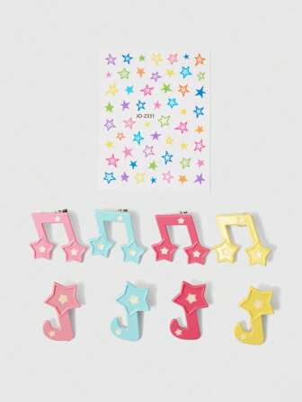 Kawaii Lot de Stickers visage pailletés de couleurs bonbons étoilées, Pinces à cheveux charmantes avec notes de musique de chance, Stickers visage et accessoires pour cheveux