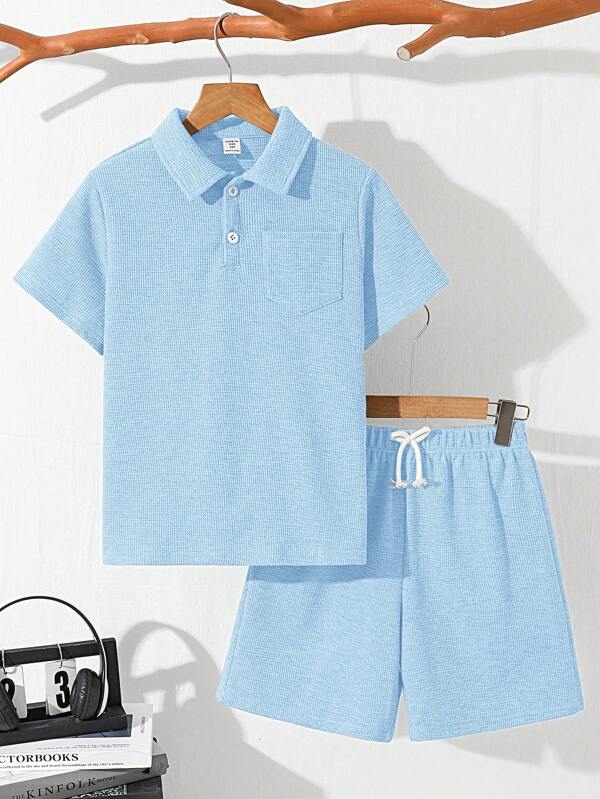 2 Stücke Set für Tween Jungen, lässig, locker, einfarbig, Polokragen, kurzärmelig, T-Shirt und Shorts, geeignet für Pendeln, Schule, tägliche Freizeitkleidung, Sport, Frühling und Sommer