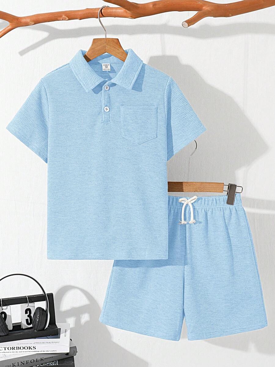 Bộ 2 áo thun tay ngắn cổ polo màu trơn rộng rãi thoải mái cho bé trai tuổi mới lớn và quần short, thích hợp mặc khi đi làm, đi học, mặc thường ngày, thể thao, mùa xuân và mùa hè - Màu xanh nhạt - Xem 1