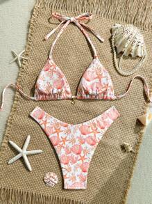 Swim Mod Set de 2 piezas de bikini con bralette de triángulo con decoración de concha dorada y Bottom de corte alto, de textura acanalada con estampado aleatorio, para verano y playa - Multicolor - Ver 2