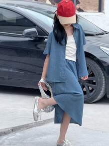 Dazy Kids 2 pièces Ensemble blouse à manches courtes et jupe pour filles pré-adolescentes, couleur unie - Bleu azur - Voir 4