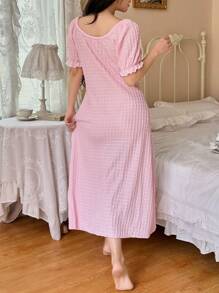 SHEIN Damen rosa Ausschnitt Jacquard Quadratausschnitt Schleife Vorne Lange Nachthemd Babydoll Pyjama Set Damen Nacht Lässig Kleider für Damen Sommer Kleider für Damen Urlaubssaison, Urlaub