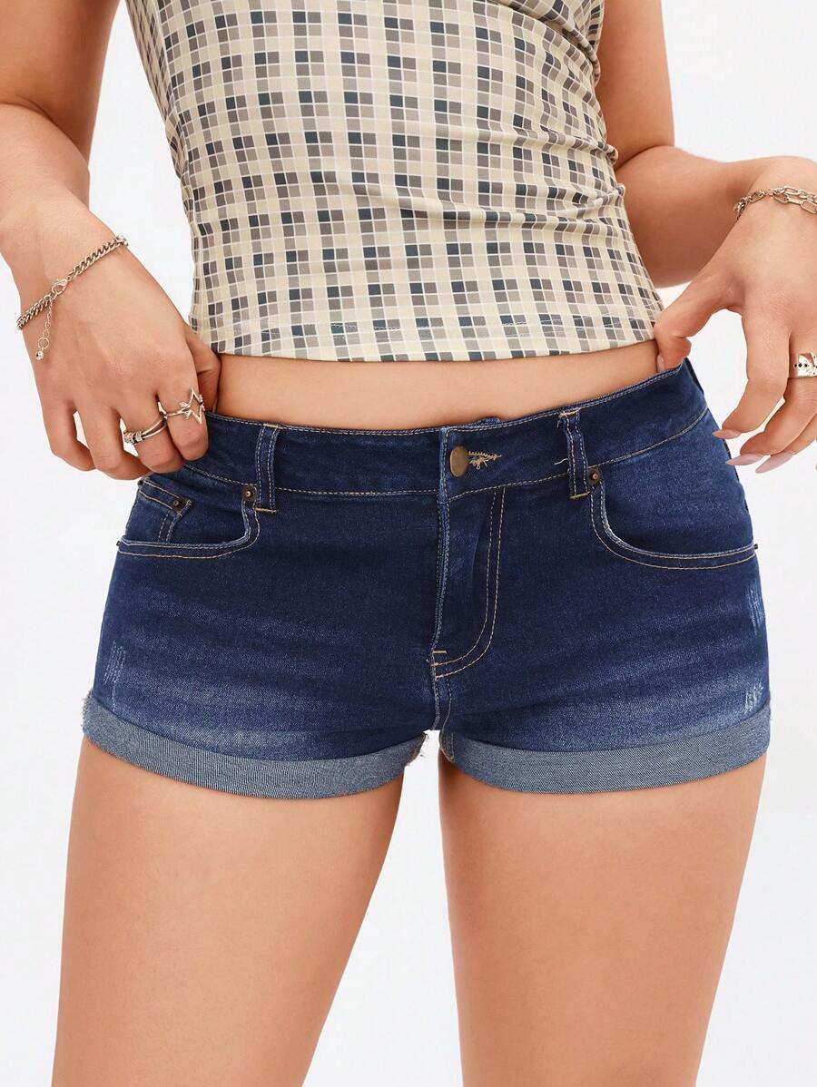 SHEIN EZwear Women Roll-Up Hem Pockets Casual Denim Shorts - Dark Wash - View 1