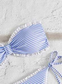 Swim Mod 女士新款时尚条纹印花露背系带荷叶边三角泳裤侧系带泳衣套装，夏季沙滩比基尼