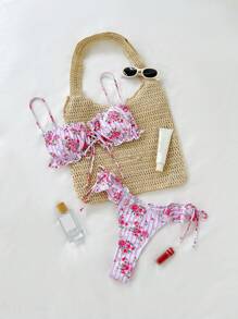 SHEIN Swim Conjunto de bikini con tirantes anudados, encaje y estampado romántico de rosas para vacaciones de verano - Rosa Pálido - Ver 1