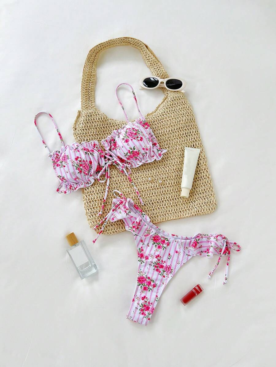 SHEIN Swim Conjunto de bikini con tirantes anudados, encaje y estampado romántico de rosas para vacaciones de verano - Rosa Pálido - Ver 1