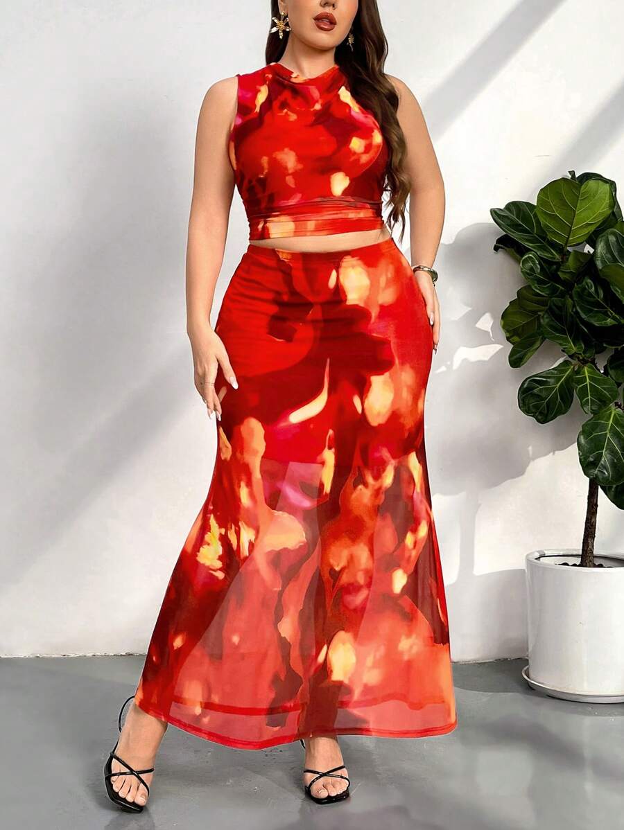 Firerie Plus Size Women Summer New Comfortable Casual Elegant Daily Holiday Beach Hawaiian Date Party Pool Side Tulle Tie-Dye Random Print Stretchy Camisole And Stretchy Fish Tail Skirt 2 Pieces Set