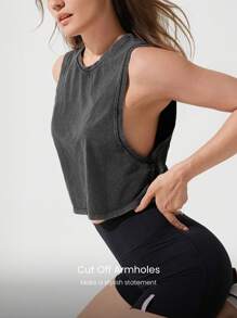 GLOWMODE Washed Pima Cotton Cool Crop Relaxed Fit Crew Neck Cropped Cut Off Boyfriend Muscle Tank Top Gym Training Daily Casual Wear